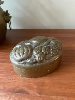 Vintage Brass Oval Fruit Embossed Box With Lid Decorative Trinket Box