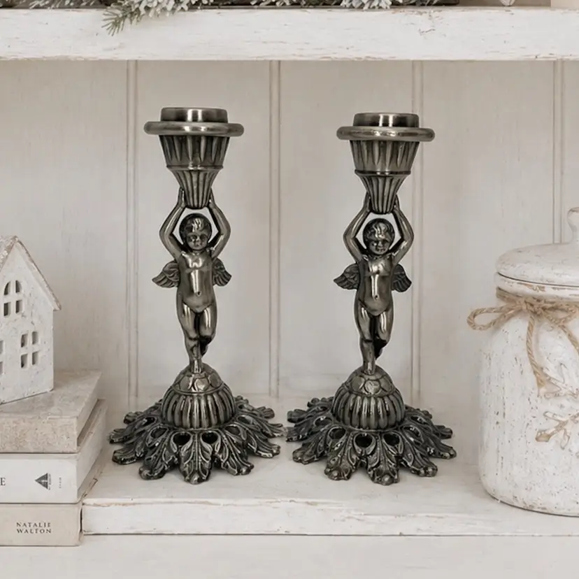 PAIR Vintage Cherub Cupid Angels Hearts Silver Tone Tall Candle Stick Holders 7”