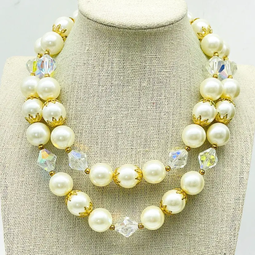 LISNER Double Strand Necklace Gold Tone Faux Pearls Aurora Borealis 17425