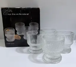 4 Vintage Indiana Glass Crystal Ice 12 oz. On-The-Rocks Bar Glasses w/ Box