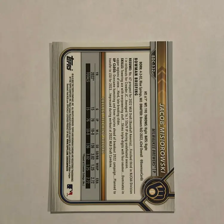 Jacob Misiorowski 2022 Bowman Draft Chrome #BDC-132 Milwaukee Brewers