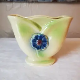 Shawnee Art Pottery Yellow Fan Vase Planter Blue Flower USA #1264