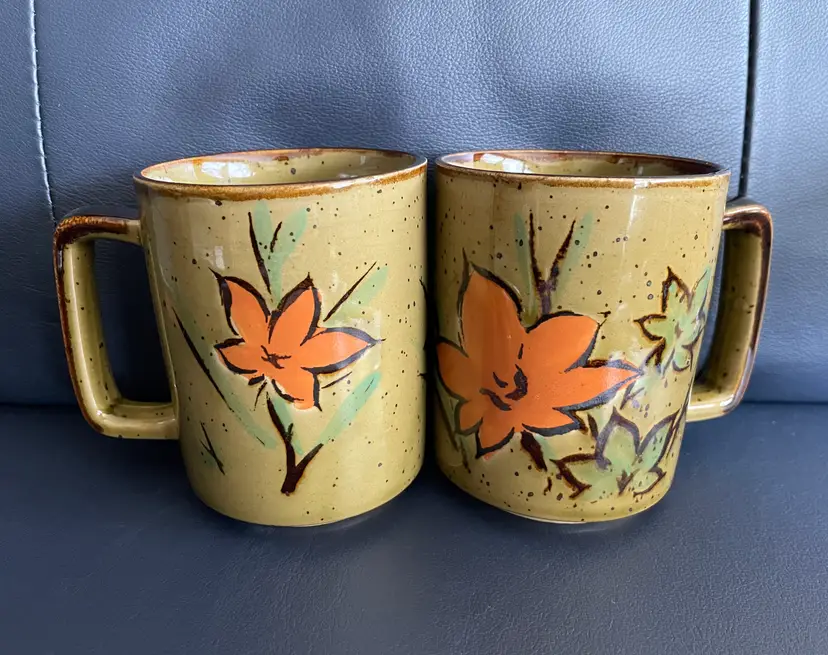 1970s Stoneware Mugs  with Marigold Flowers (Japan)
