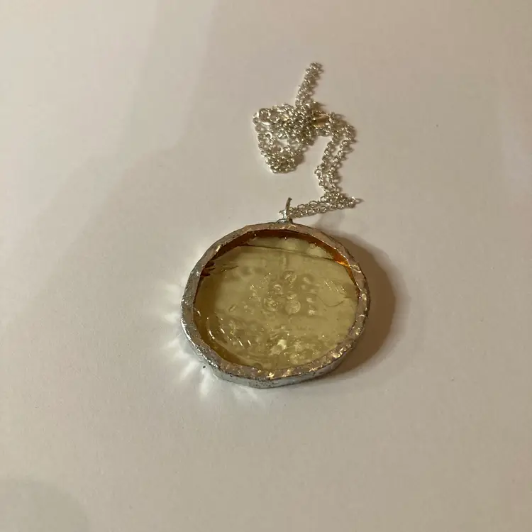 Artisan Made Pendant Yellow Depression Glass Plate Handcrafted Necklace 1 3/8 in x 1.5 in