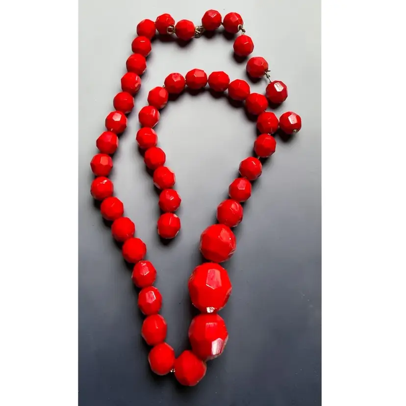 Vintage MCM Coro Red Glass Bead Choker Necklace Strung On Gold Tone Chain - 13” with 4” Extender
