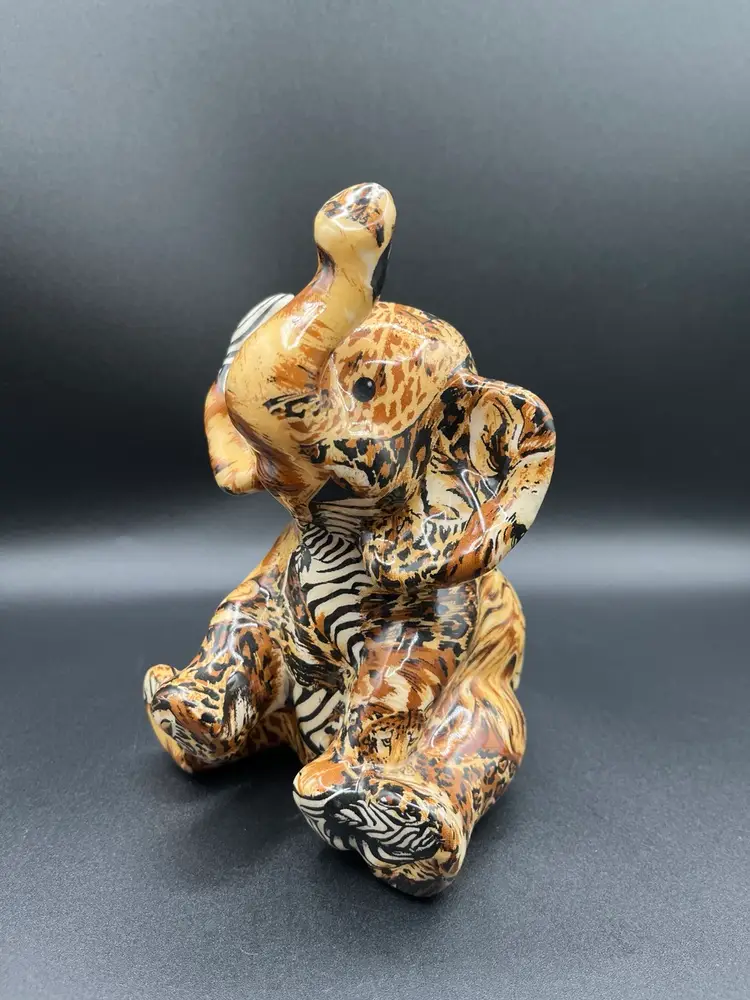 La Vie Decoupage Ceramic Trunk Up Elephant Figurine With Safari Patchwork Fabric Print 8”