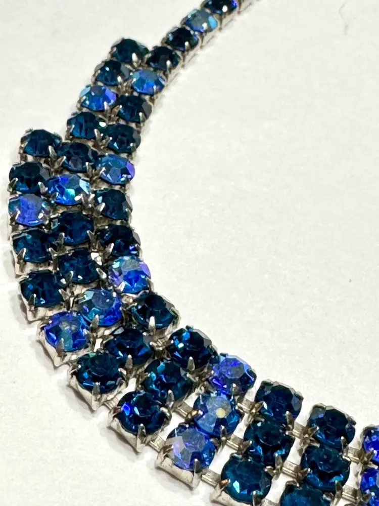 Vintage Mid Century Multi Shade Blue AB Triple Rhinestone Bib Necklace Choker