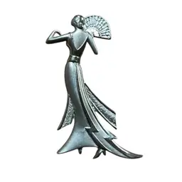 JJ Jonette Art Deco Lady with Fan Brooch Silver Tone Vintage Signed