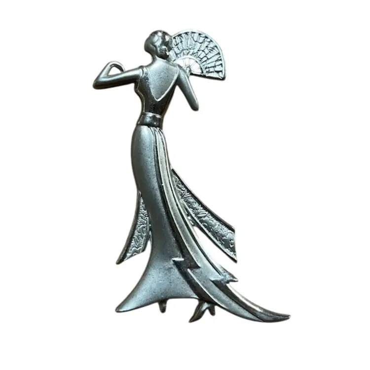 JJ Jonette Art Deco Lady with Fan Brooch Silver Tone Vintage Signed