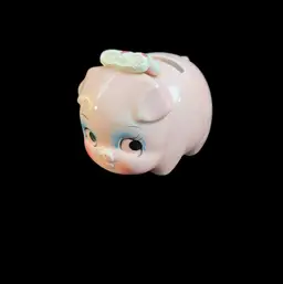 Lefton-Small Pink Piggy Bank-w/ the Most Beautifully Applied Blue Eye Make Up, Rosy Cheeks & Long Lovely Black Eyelashes