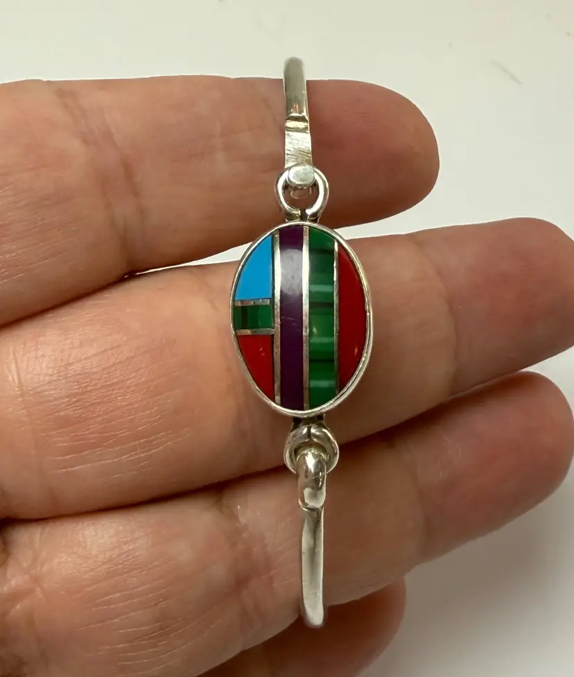 Vintage Sterling Silver 925 Mexican Taxco Gemstone Inlay Bangle Bracelet 13.65gr