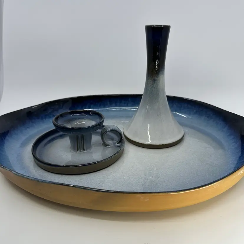 Vintage Peter Pots 3 Pc Serving Tray With Vase & Candleholder Signed