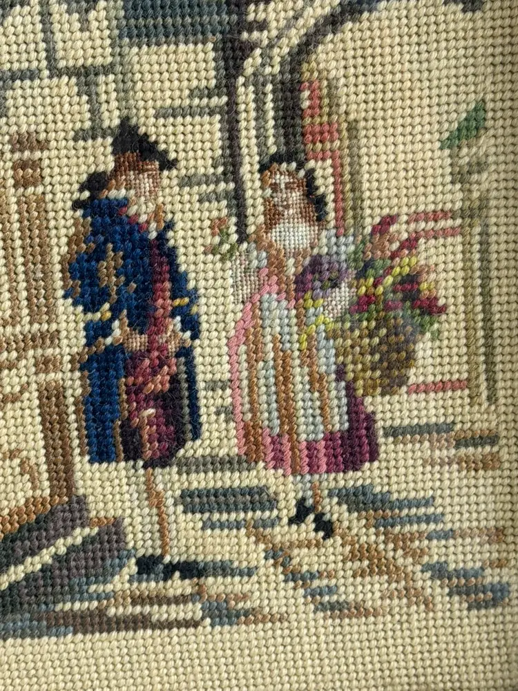 Vintage Ornate Framed Victorian Couple Needlepoint Artwork 11.75”