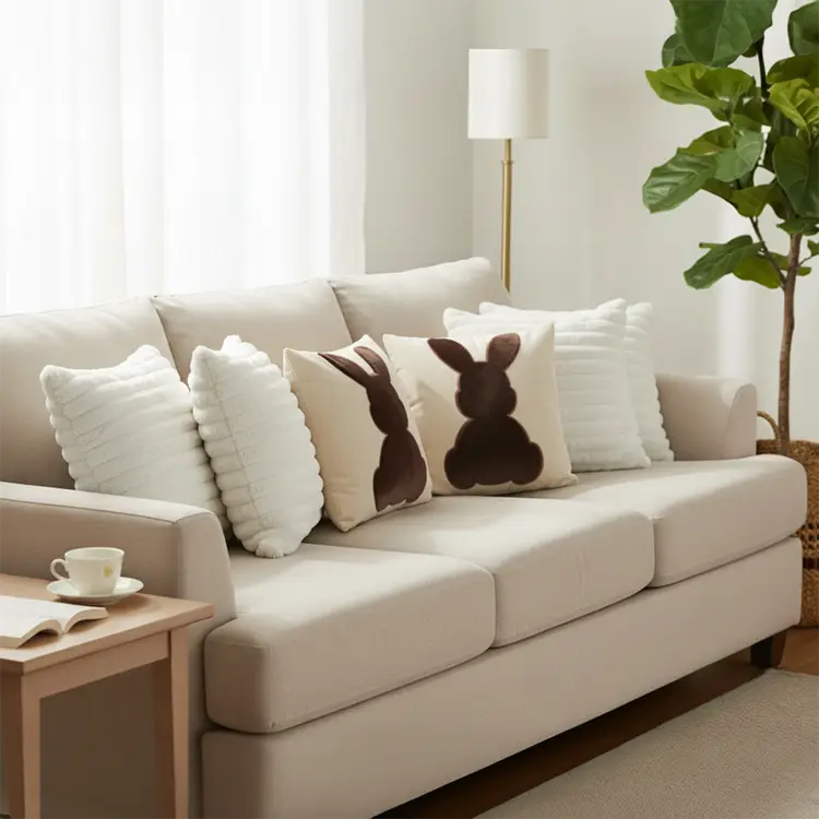 SOGA 6PC Brown Bunny Silhouette & Elegant White Textured Pillow Covers 45cm Set