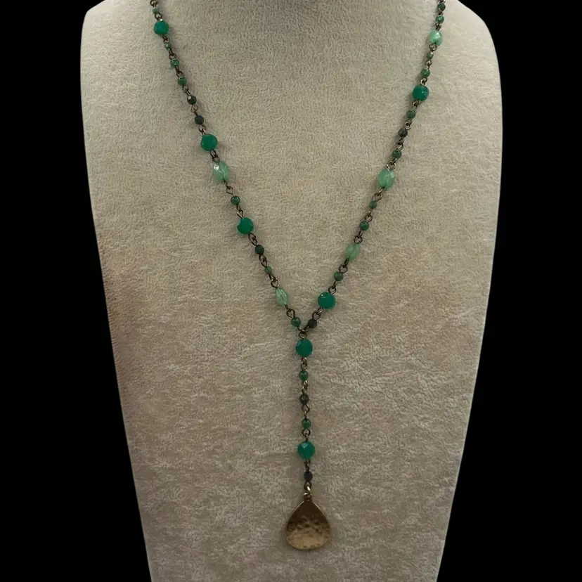 #J67 - Lucky Brand Y Drop Necklace Plastic Green Beads Hammered Brass Tear Drop - About 30"