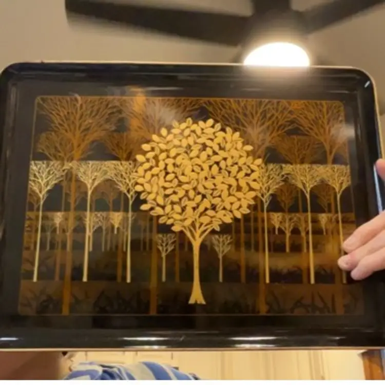 Black Lacquer Tray With Gold N Bronze Trees 14”x10”