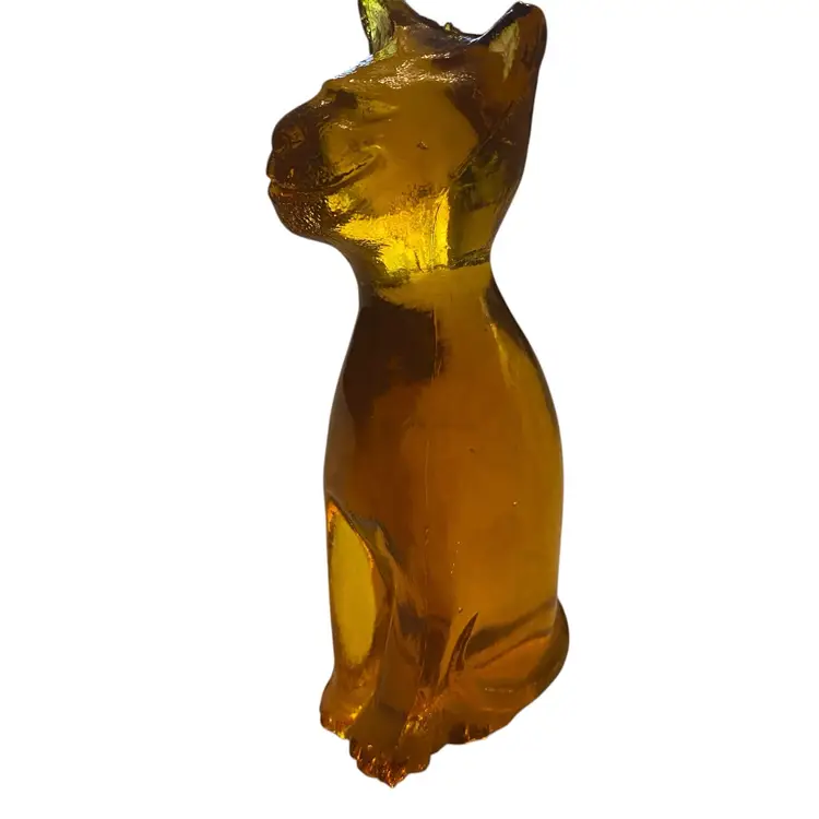 Vintage Amber Glass Cat Figurine Mid-Century Modern  Smiling Cat