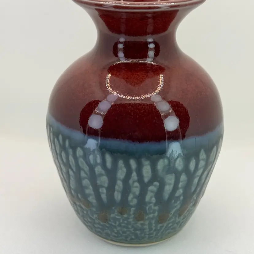 Vintage Handmade Clay Pottery Drip Glaze Vase, Brown Teal Blue Green, By DK Pottery, Made in Sanford, North Carolina