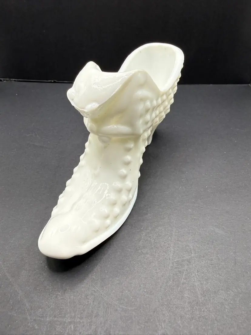 Fenton Hobnail Milk glass Shoe 5.75”x3” Stamped Logo