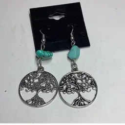 Tree Of Life & Tourquise Stone Pierced Earrings