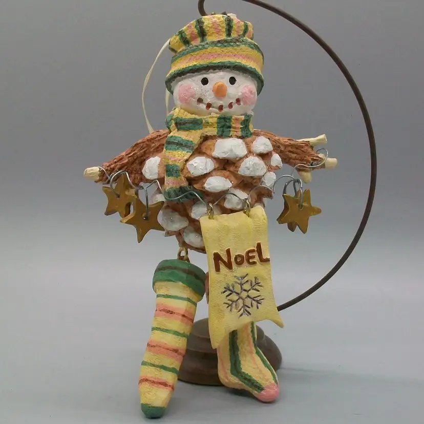 Vintage Pinecone Snowman Christmas Ornament with Noel Banner and Stars