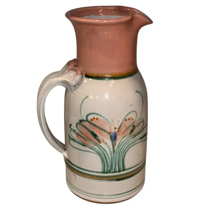 Studio Pottery Pitcher Floral Peach Green Hand Painted Glazed Marked Liz