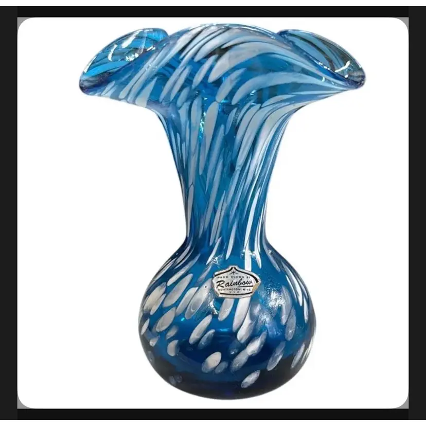 Hand Blown By Rainbow Blue and White Ruffled Vase