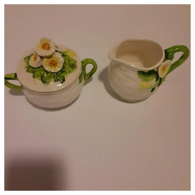 Lefton Creamer and Covered Sugar, White Basket Weave with Raised Yellow Flowers and Green Leaves and Stems for Handles