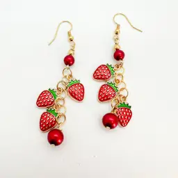 Strawberry Earrings, Red Enamel, Gold Tone, Dangle Handmade