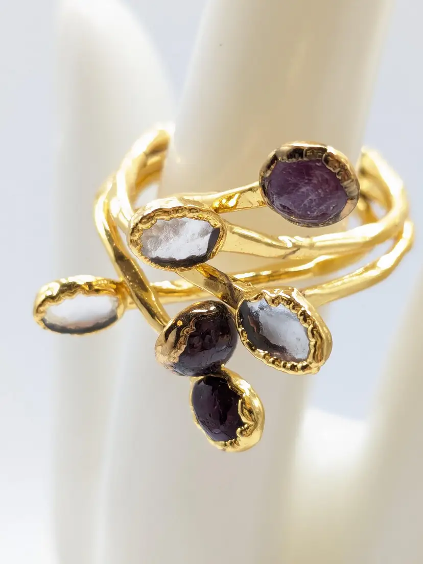 Gold Tone Fashion Ring Purple and Clear Stones