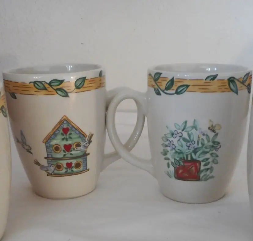 Vintage Lot of 2 Thomson Pottery Birdhouse Topiary Mugs #3