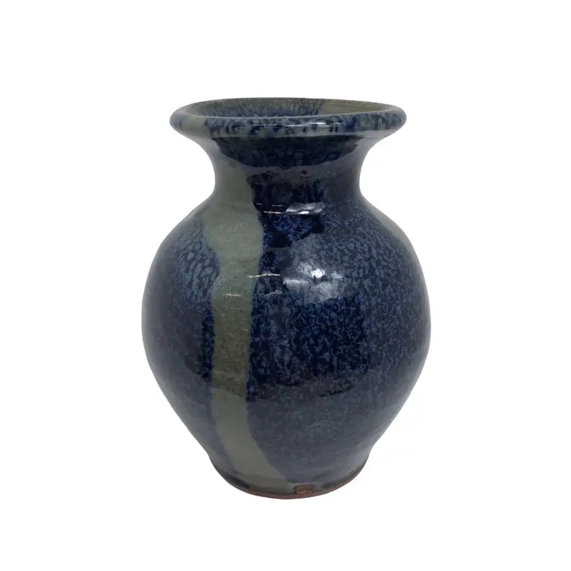 Artist Hand Signed BLUE Studio Art Pottery Clay Vase Glazed Shiny