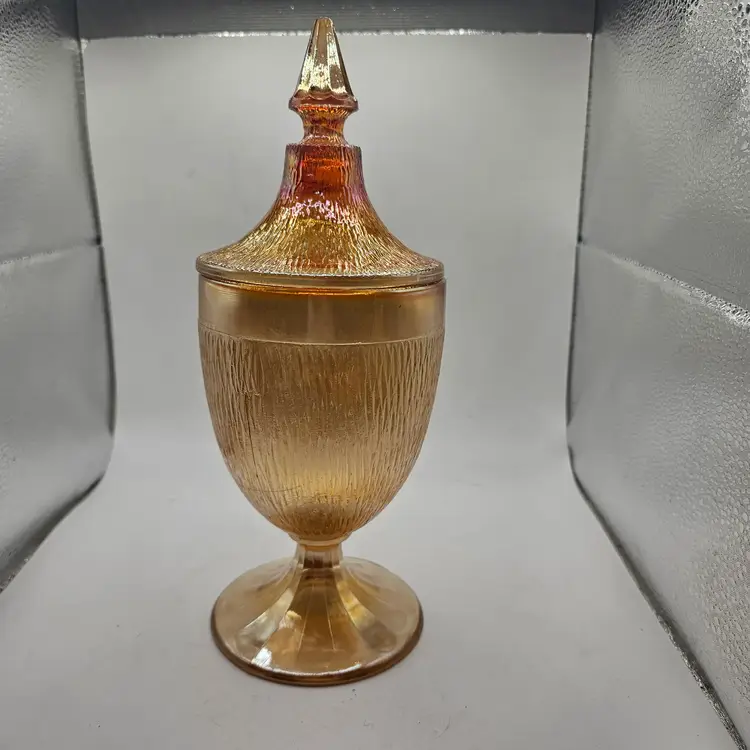 Jeanette Marigold carnival glass candy dish with lid tree bark design