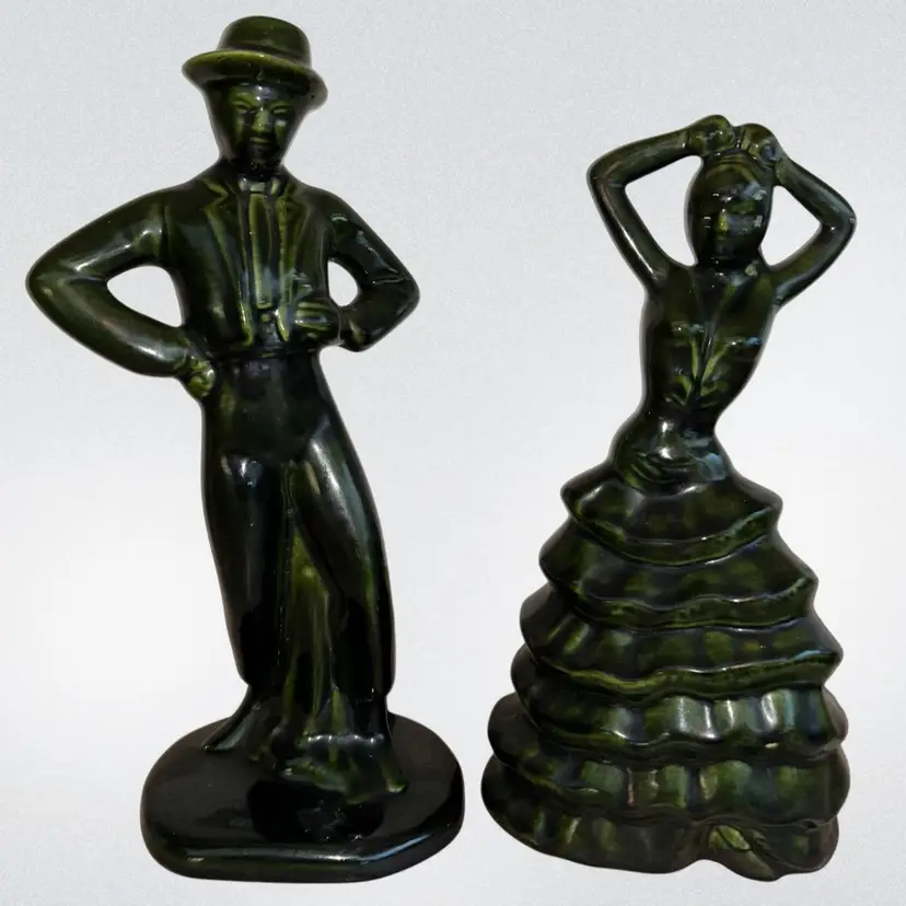 Flamenco Dancer MCM Pair California Pottery Dark Green Glaze Vintage