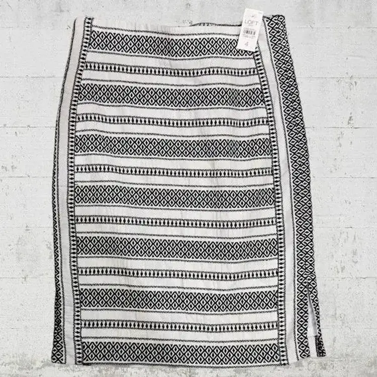 LOFT White Black Boho Aztec Textured Lined Bodycon Women's Midi Skirt Size 4