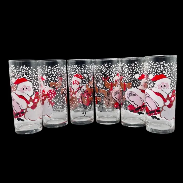 #1067B Vintage MCM Naughty Santa and Reindeer Collins Glasses