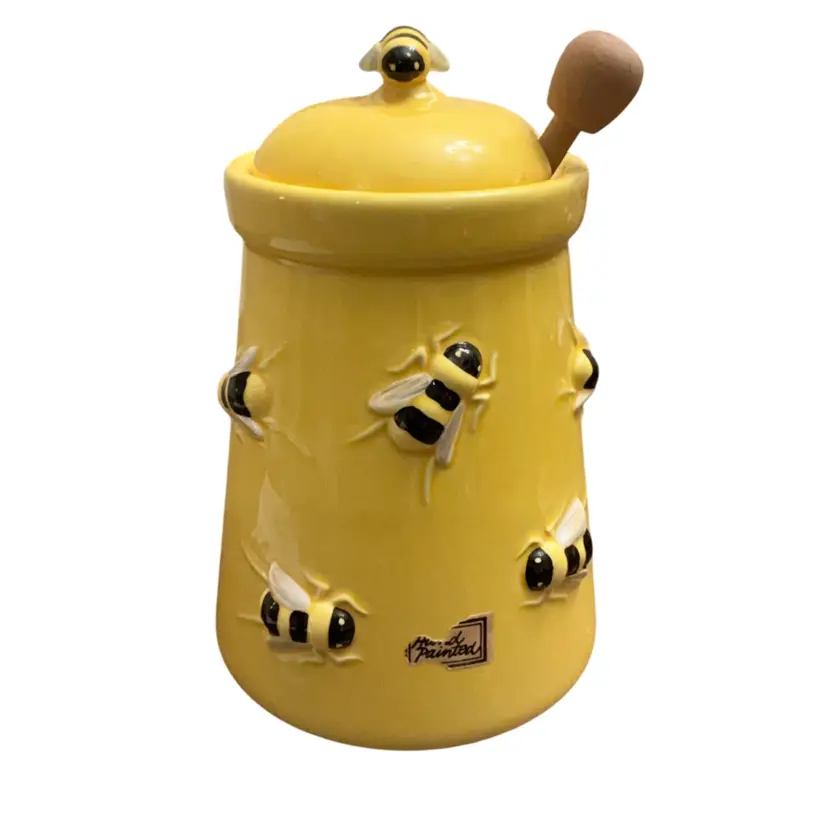 Department 56 Ceramic Buzz Bumblebee Honey Pot w/Wooden Dipper 6.5” X 4”