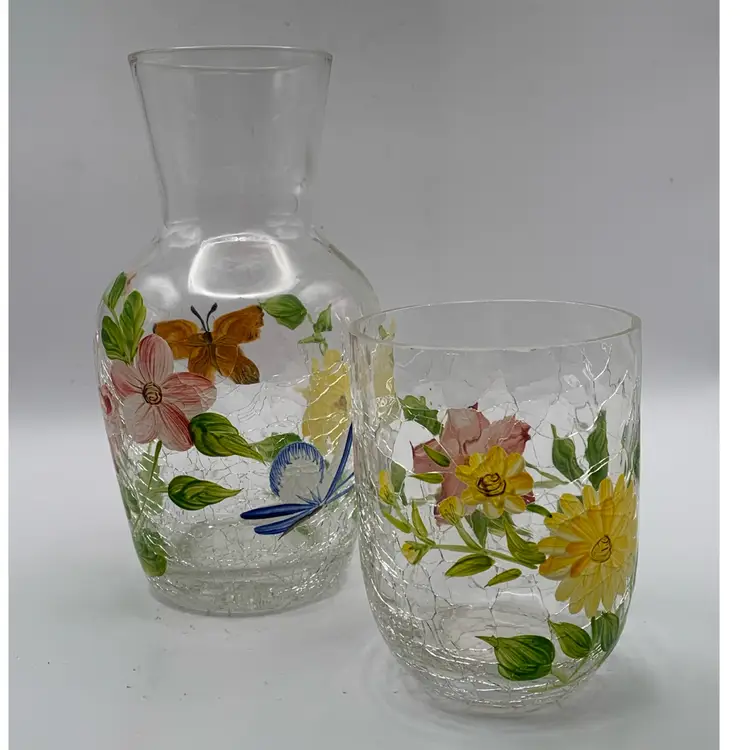 Bedside Carafe & Tumbler Hand Painted Crackle Glass Tumble Up Butterfly Floral