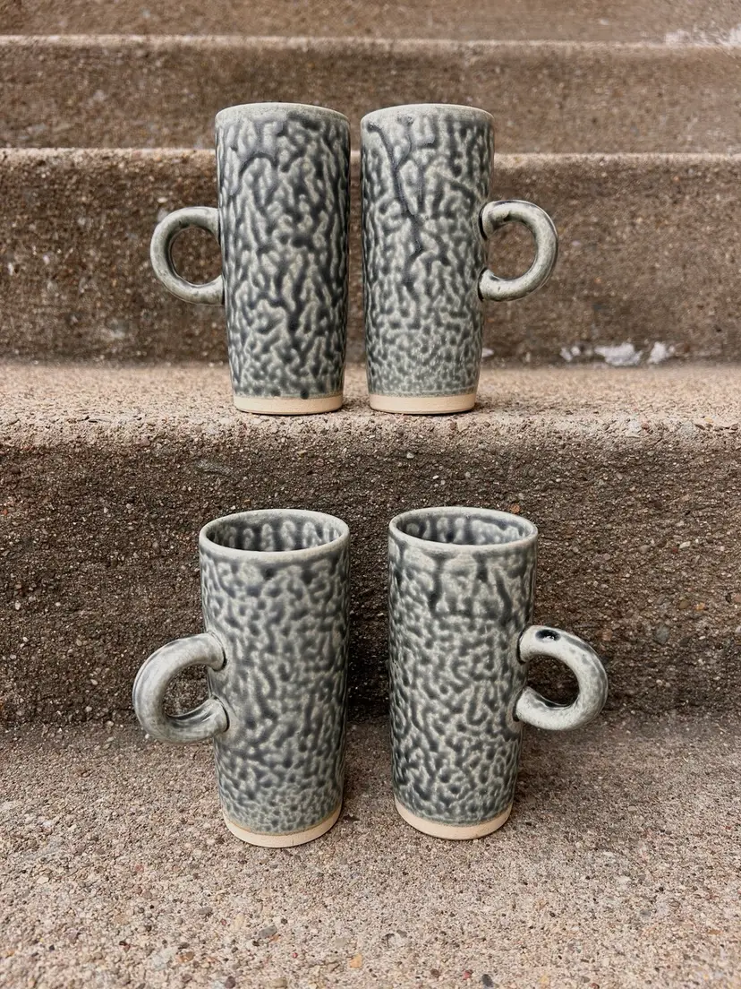 4 Wood Ash Glaze Mugs Sipping Mugs Potters Mark 5” Blue Gray Texture
