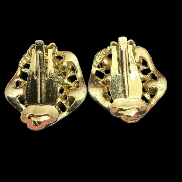 Vintage BSK Blue Rhinestone Gold Tone Clip On Earrings