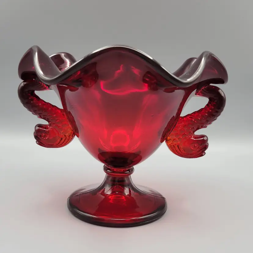 #01 Vintage Fenton Ruby Double Dolphin Handled Footed Compote