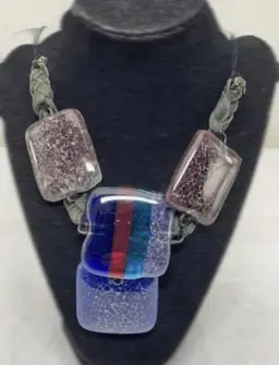 Multi Colour Fused Dichroic Art Glass Statement Necklace 18’’ able to go longer 4 Glass Squares 1.75 - 2’’ Artisan Made