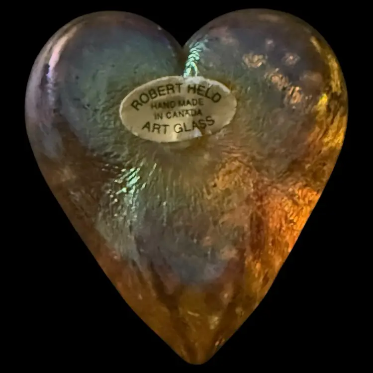 Robert Held Golden Iridescent Waffle Glass Heart Paperweight 2.75”