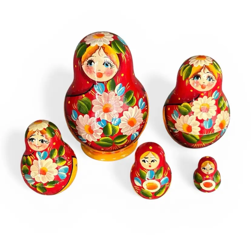 Hand-Painted Wooden Set of Five Russian Matryoshka Nesting Dolls with Floral Motifs