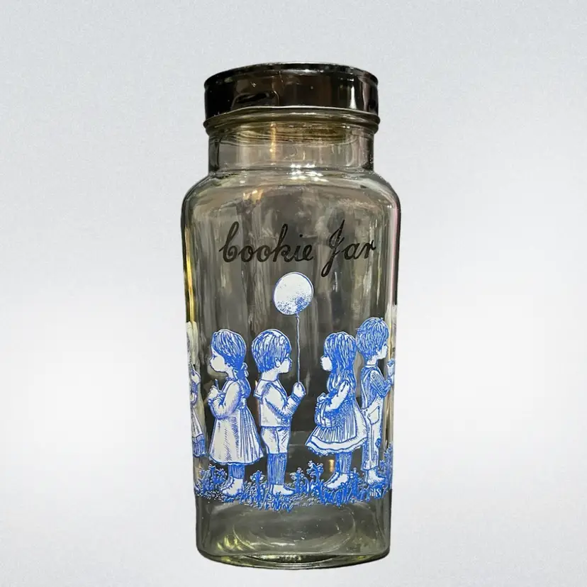 MARKDOWN! Cookie Jar Blue & White Children Screw On Lid Heavy ~11.5β x 4.25β x 4.75β