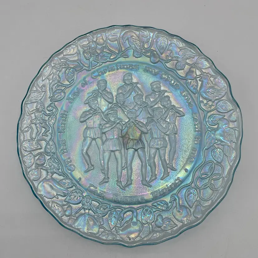 Imperial Glass Twelve Days Of Christmas Horizon Blue Iridescent “Ten Pipers Piping” Design Glass Plate