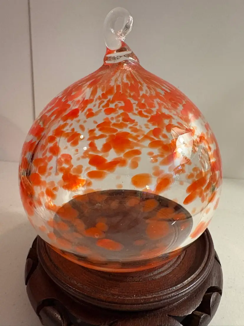 Hand Blown Glass Art Orange Ornament  5” Tall