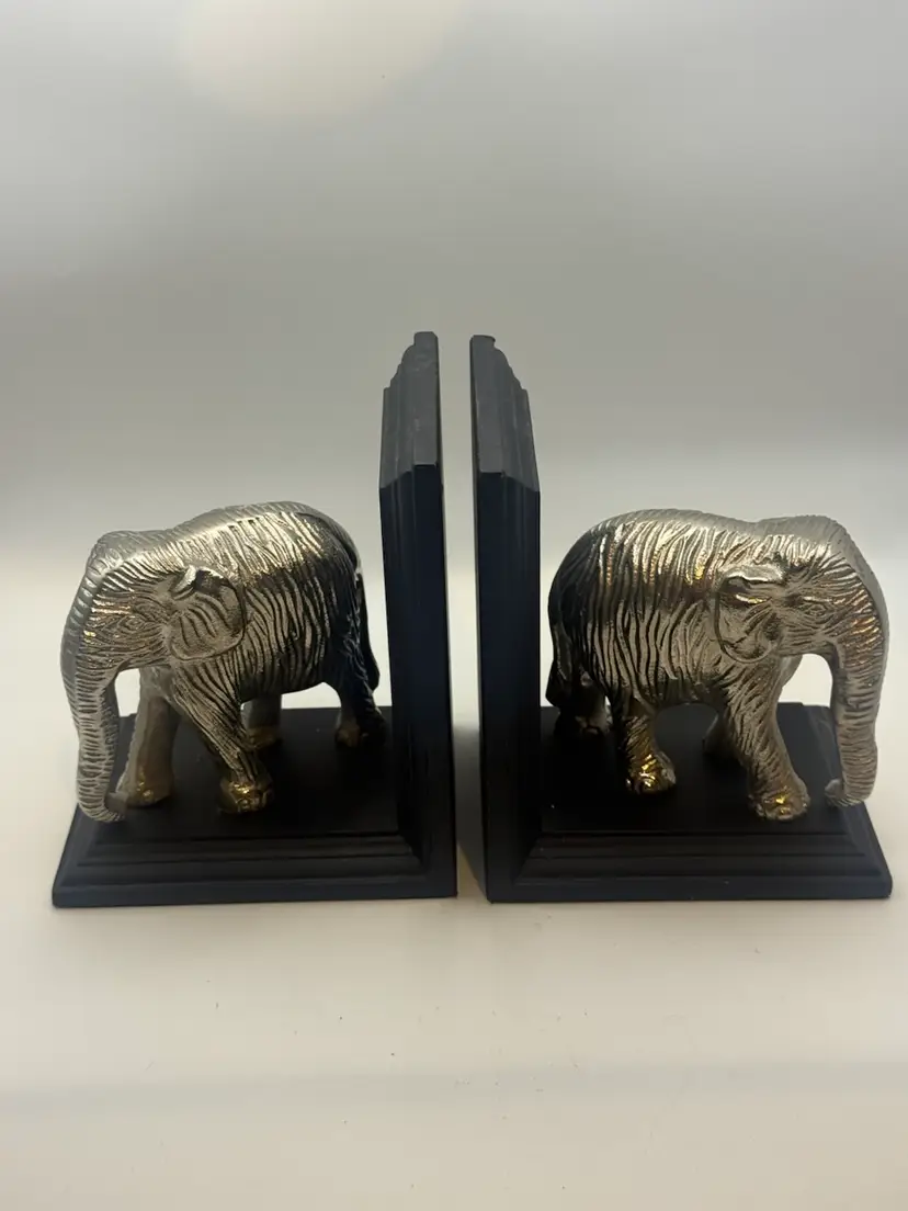 Set Of 2 Nickel Aluminum & Wood Elephant Bookends Made in India