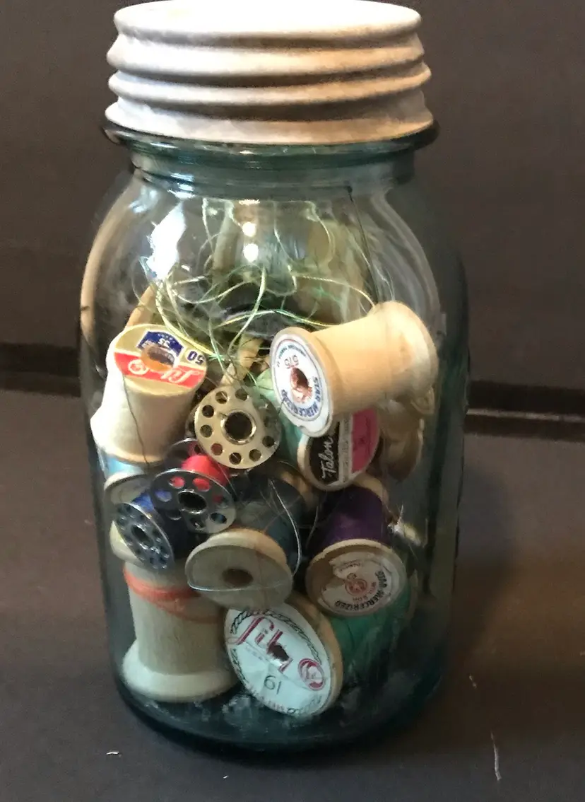 Vintage Blue Ball Jar Zinc Lid W/milk glass Full Of Sewing Notions