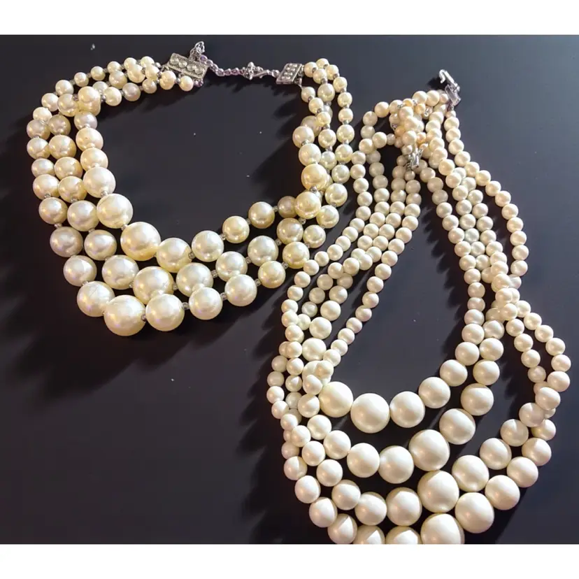 2 Large Multi Strand Faux Pearl Bead Necklaces